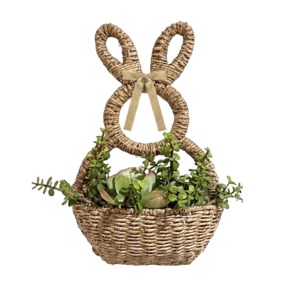 Purowzwe Wicker Easter Basket with Handle, Floral Bunny Decor Woven Basket 16.5” for Easter Egg Hunt, Baby First Easter Basket Gift, Spring Home & Door Decor for Toddler Girl Boy