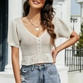 thumbnail image 2 of Top de punto calado para mujer, manga corta abombada, sin espalda, cuello en V, Top de punto a la moda para fiesta diaria, trabajo, Beige, XL, 2 of 6