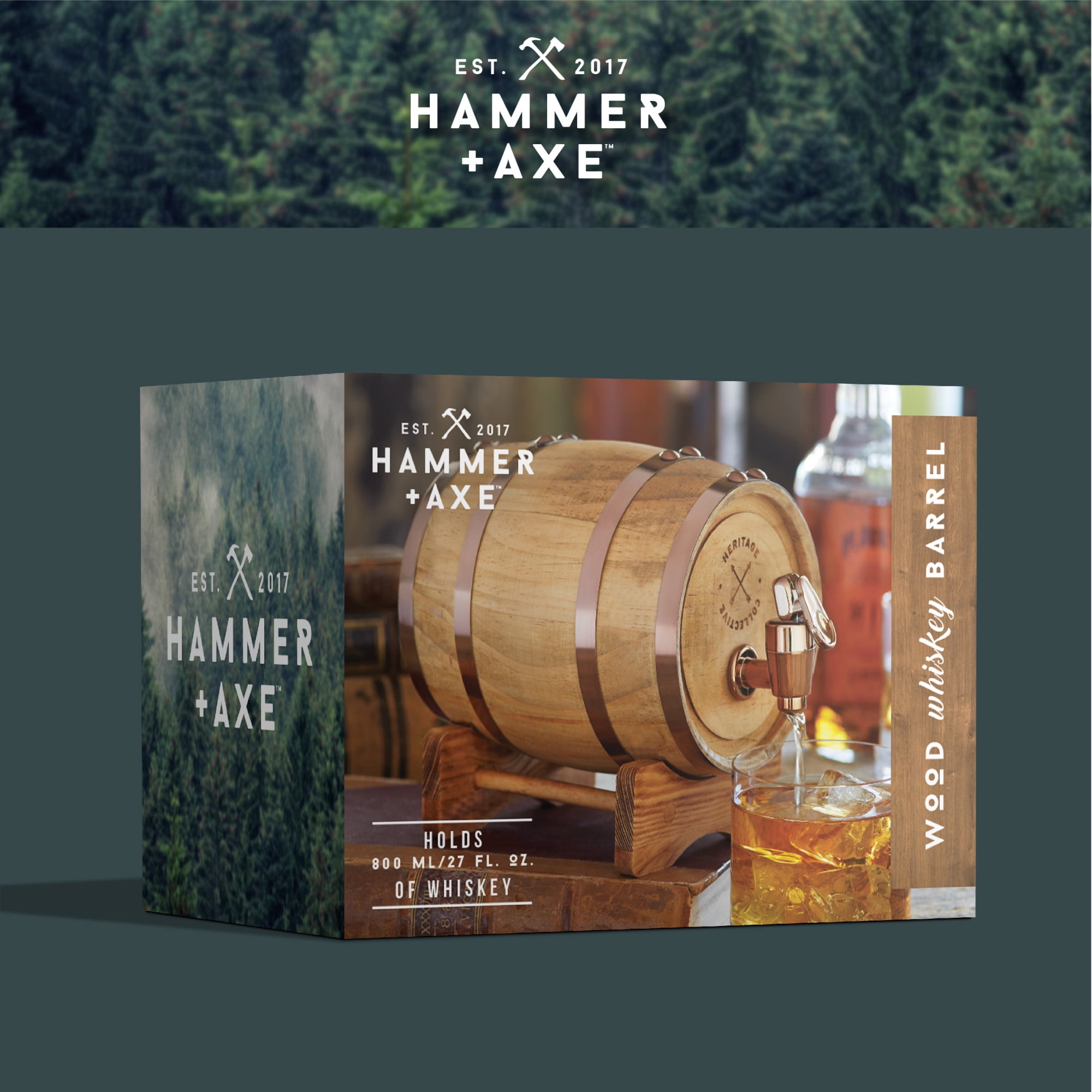 Hammer + Axe Miniature Wood Whiskey 1L (27 Fl. Oz.)Wood Barrel Dispenser and Mini Infuser