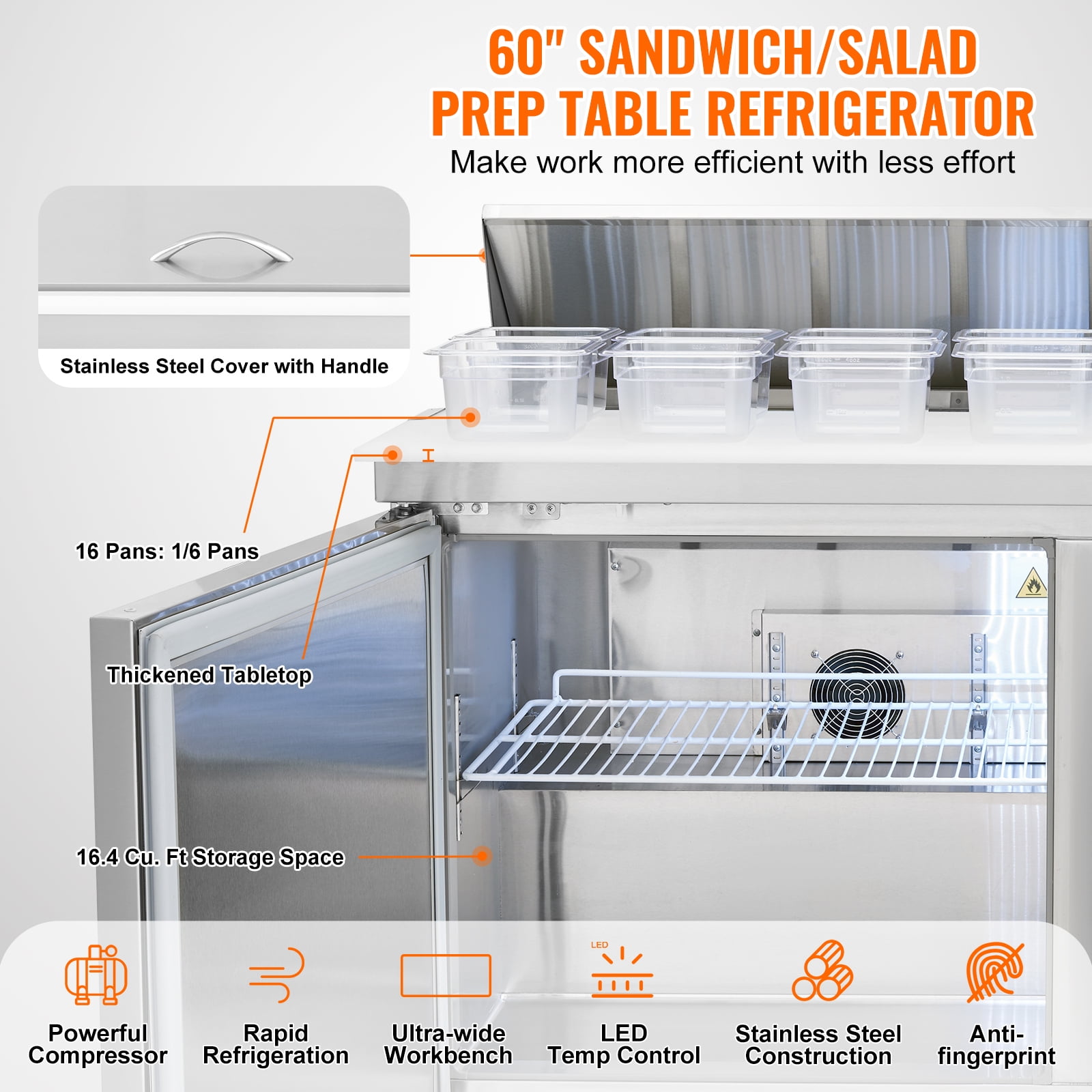 KFFKFF 60" Professional Fridge for Sandwich & Salad Preparation, 16.4 Cu. Ft Stainless Steel Chilled Food Preparation Area with 16 Trays, Cutting Board, Defrosting Refrigerator with Lock