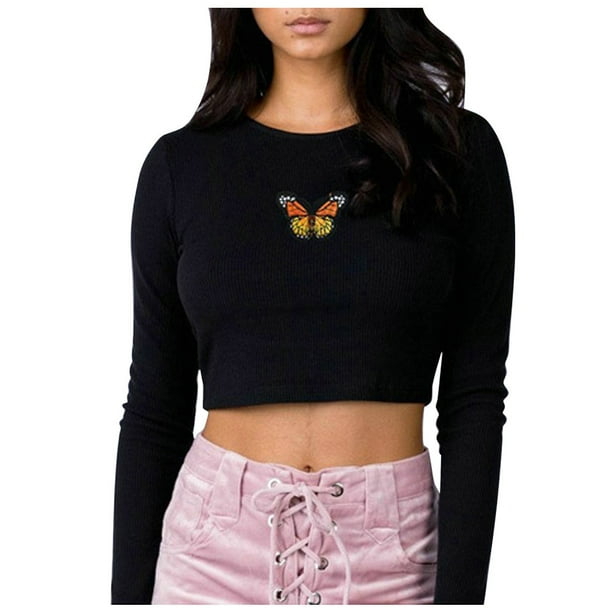 Aurorax Aurora X Women S Embroidered Butterfly Print O Neck Navel Long Sleeve Top T Shirt Blouse Black S Walmart Com Walmart Com