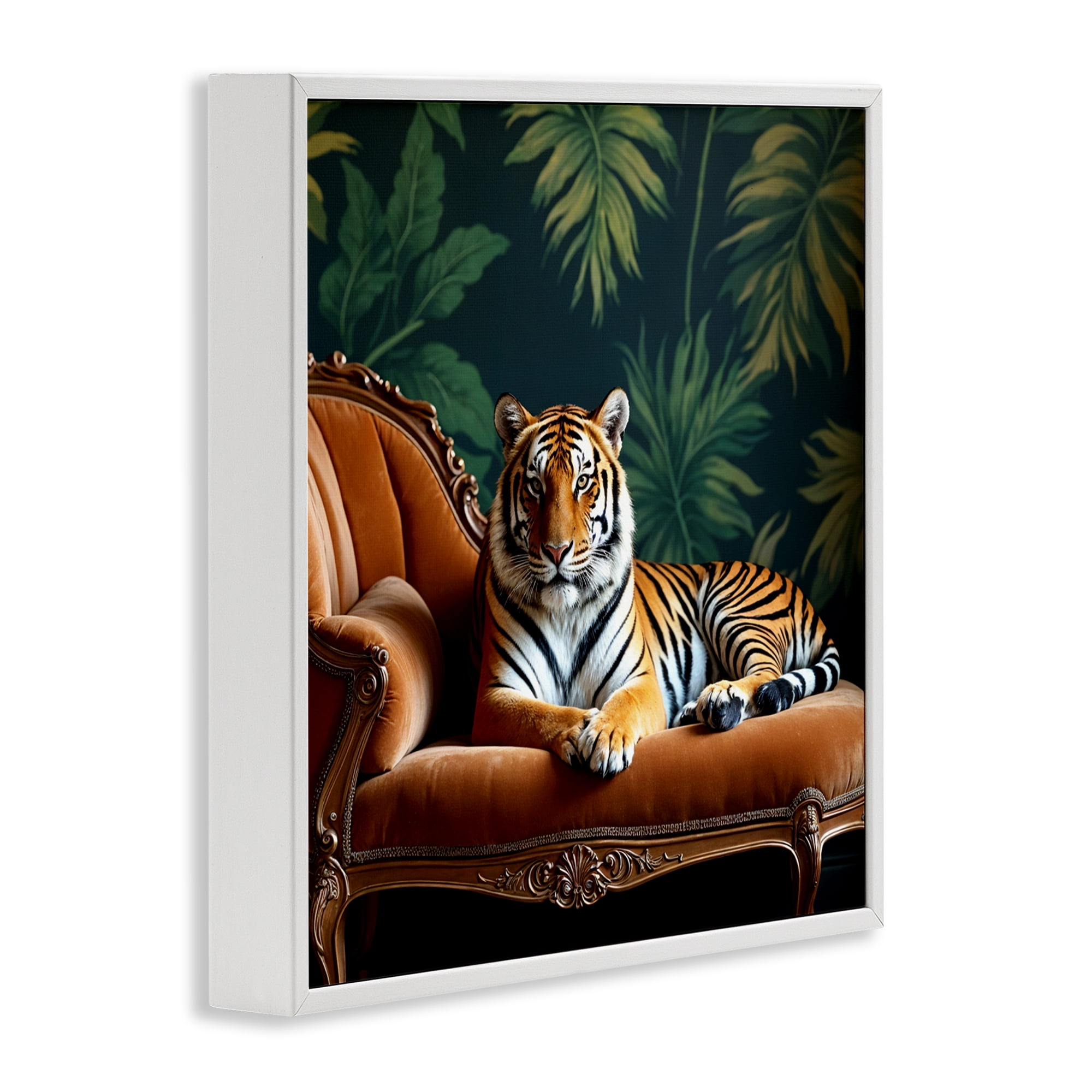 Tiger Lounging on Chaise White Framed Giclee Art, design by Lettered and Lined