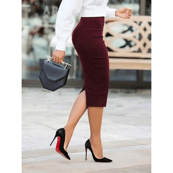 Burgundy High-Waist Pencil Skirt With Back Slit Workwear Style