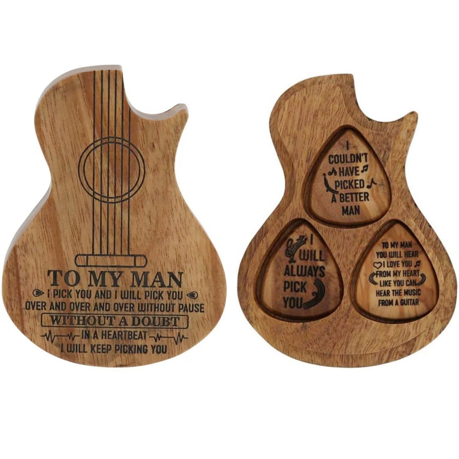 XKHZJL Wood Guitar Pick Box - Valentine's Day Gift for Him, Shaped Plectrum Container with 3 Pcs Guitar Picks for Guitar Picks Storage