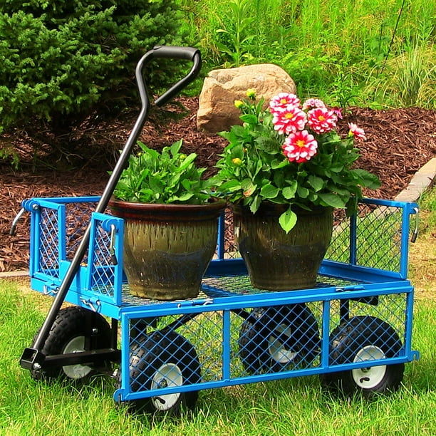 XERATH Chariot à benne basculante multifonctionnel équipé d'un pneu  pneumatique à 4 roues et d'un cadre en acier robuste pour pelouse, jardin,  garage, bois et transporteur de marchandises 