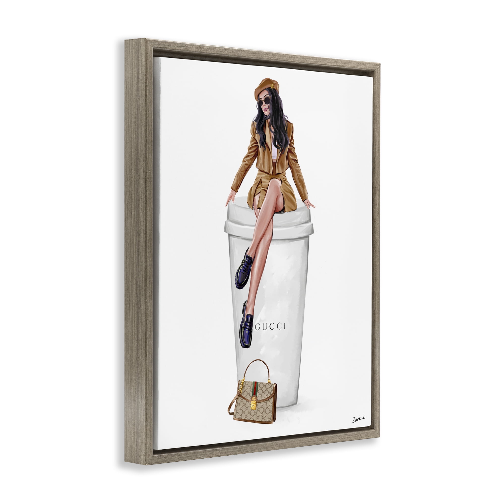 Stupell Industries Chic Lady on Coffee Cup People Painting Brown Floater Framed Canvas Art Print Wall Art, 25 x 31