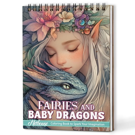NETHOUSE Fairies And Baby Dragons Coloring Book Spiral Bound For Adults, A5 Wooden Cover, 30 Delightful Coloring Pages of Mythical Fairies and Baby Dragons for Stress Relief and Relaxation