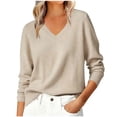 thumbnail image 2 of Smsaxvxz Sweaters for Women Fall Fashion V Neck Long Sleeve Soft Loose Knit Winter Pullover Tops Khaki 2XL, 2 of 5