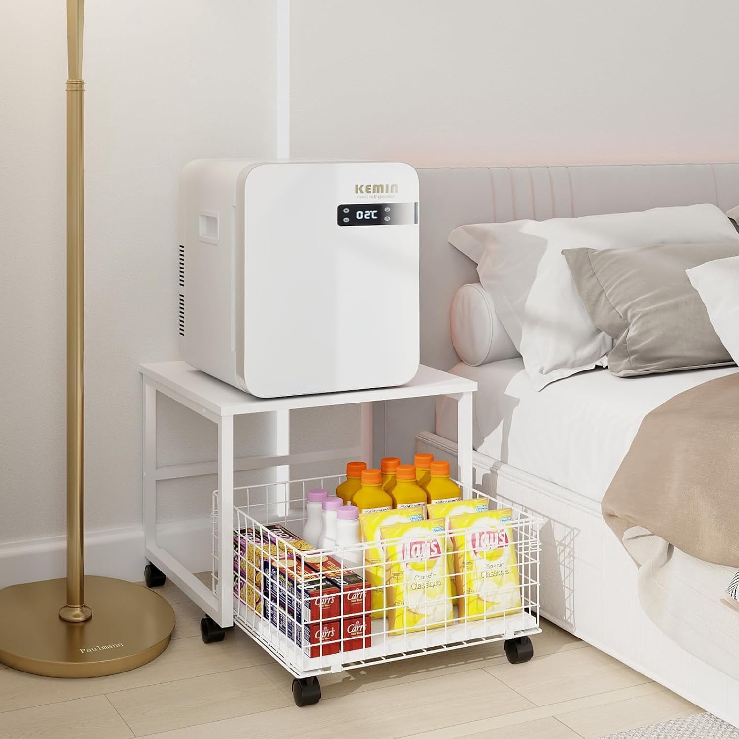 Natwind 19.7x19.7in Mobile Mini Fridge Stand with Large Capacity Storage Beverage Refrigerator Table with Wheels Rolling Compact Fridge Cart