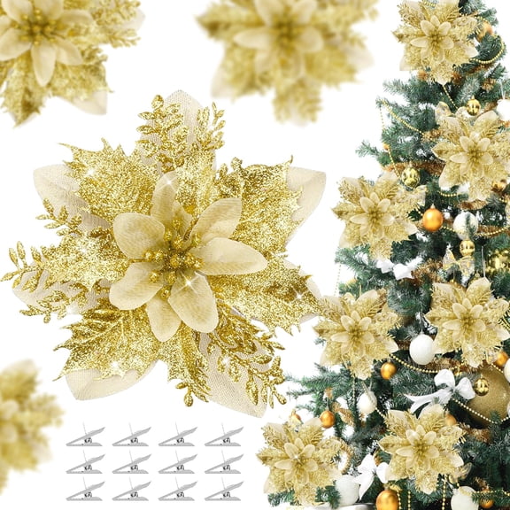 12 Pcs Christmas Glitter Poinsettia Flowers Artificial Ornaments Fake Flowers Christmas Decorations Glitzy Poinsettia with Clips Christmas Decor for Xmas Tree Wreaths Ornaments