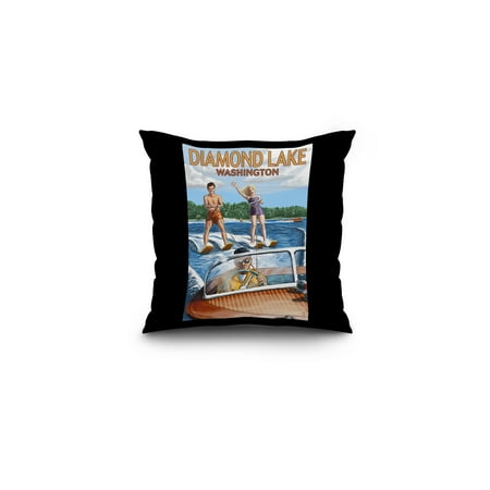 Diamond Lake, Washington - Water Skiing - Lantern Press Artwork (16x16 Spun Polyester Pillow, Black