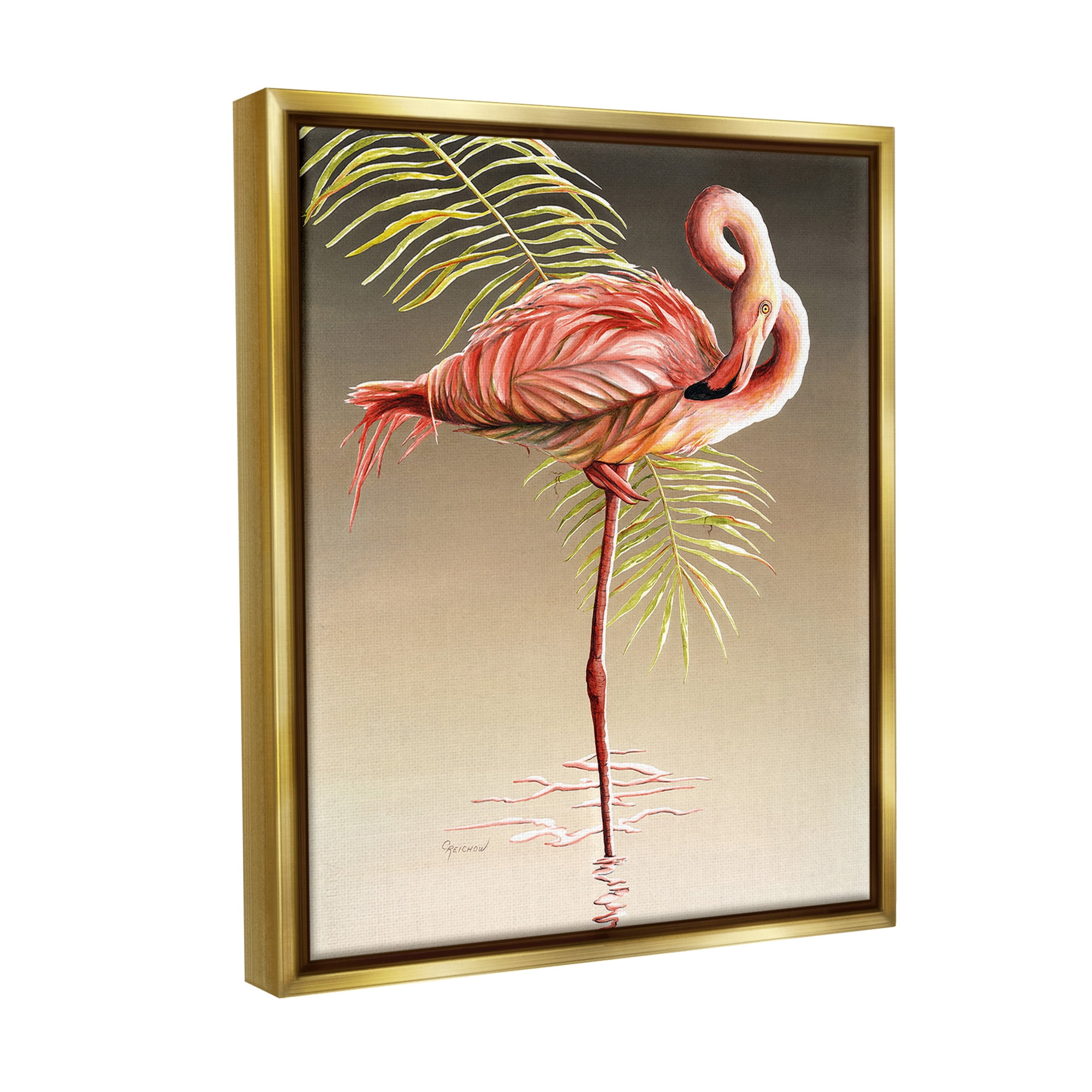 Stupell Industries Flamingo Twisting Gaze Animals & Insects Painting Gold Floater Framed Canvas Art Print Wall Art, 17 x 21