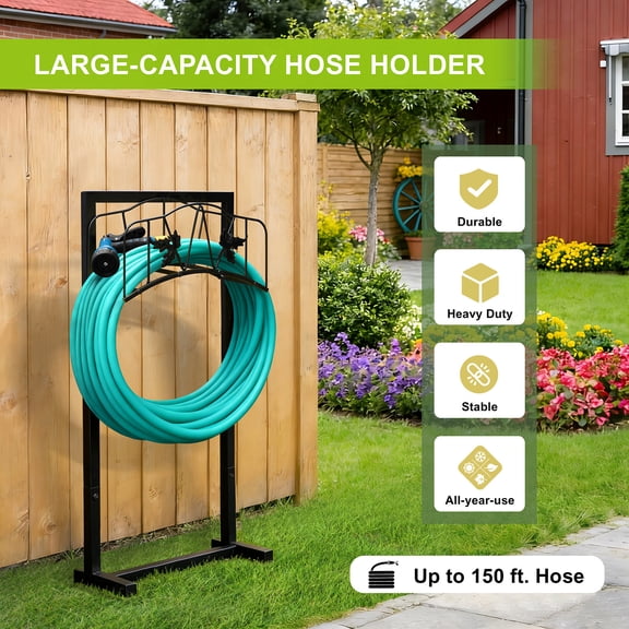 UMI Patio Freestanding Garden Hose Holder with 4 Ground Spikes, Heavy Duty Metal Water Hose Hanger with Tool Hooks for Lawn Yard Outdoor