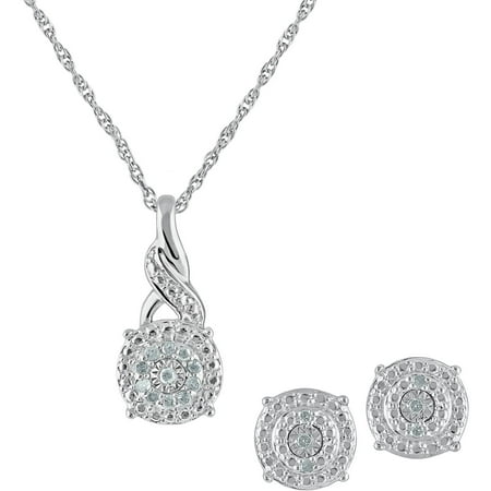 1/10 Carat T.W Diamond Sterling Silver Cluster Swirl Pendant and Earring Box Set, 3 Piece