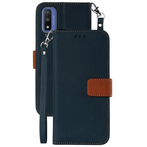 Wallet Phone Case for Motorola Moto G Pure 2021, [Navy Blue/Brown] Folio Credit Card Slot ID Cover, View Stand [Magnetic Closure, Wrist Strap Lanyard]