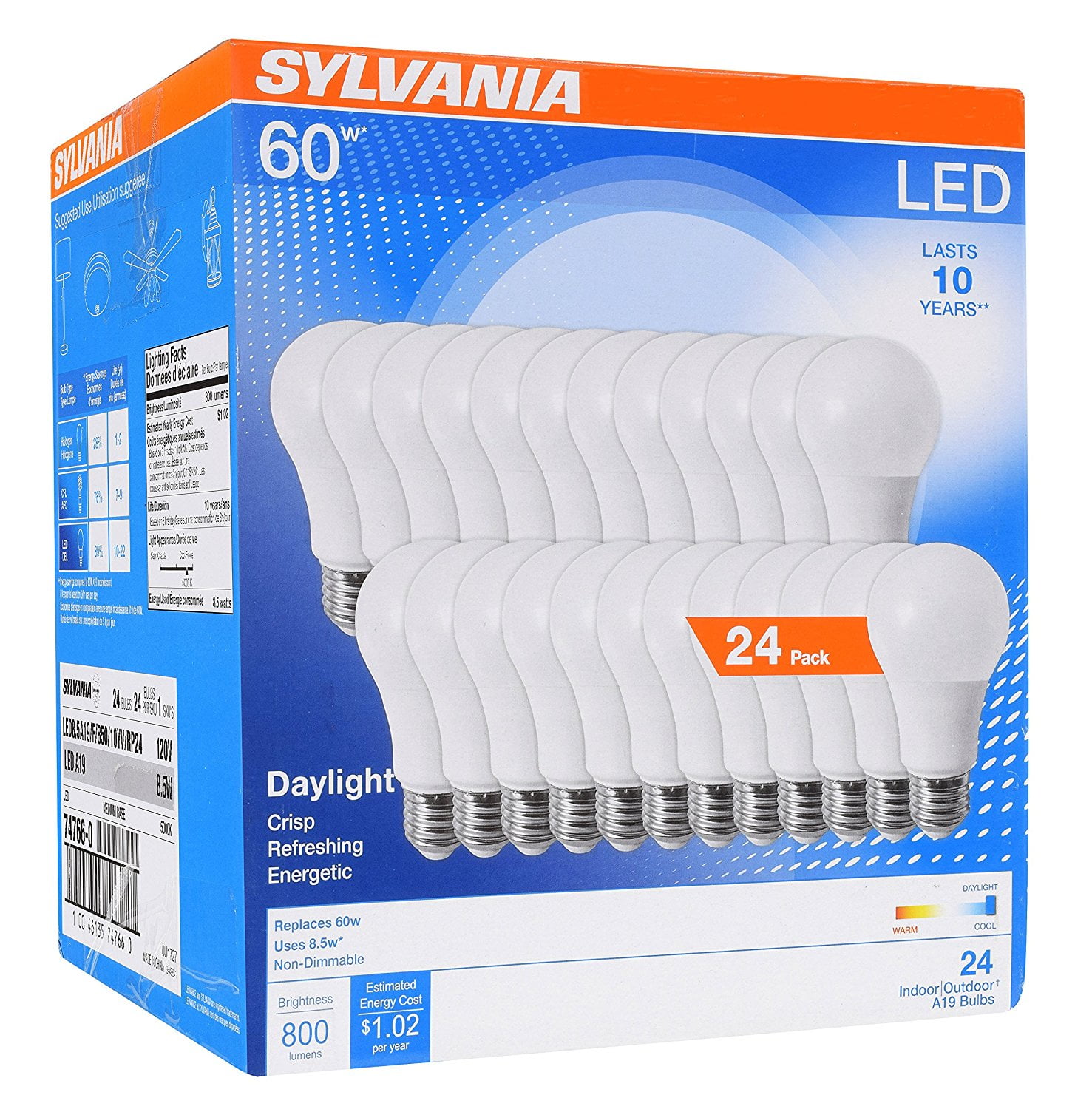 Sylvania LED Light Bulb, 8.5W(60W Equivalent), A19, Daylight 5000K, 24