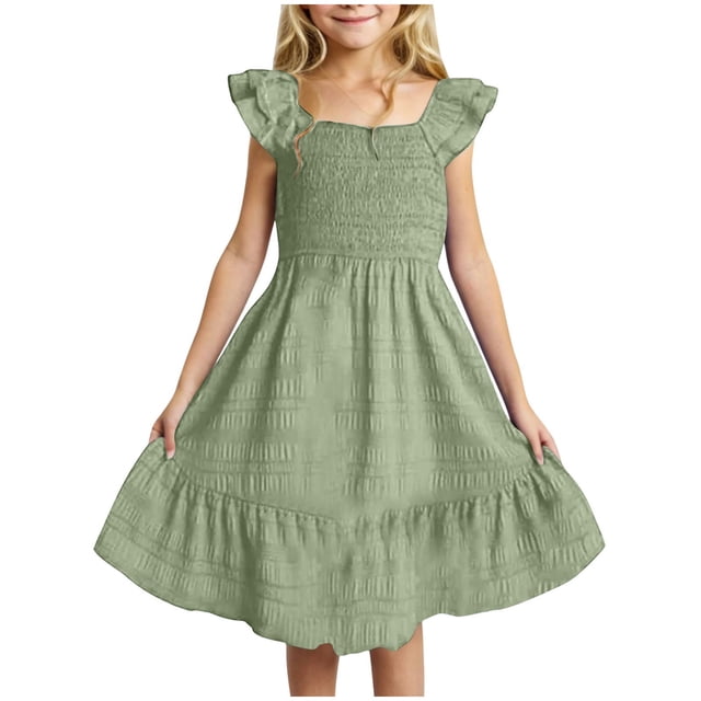 felwors Robe d'Été pour Filles à Manches Double Plissées, Encolure Carrée, Épaules Dénudées, avec Poches