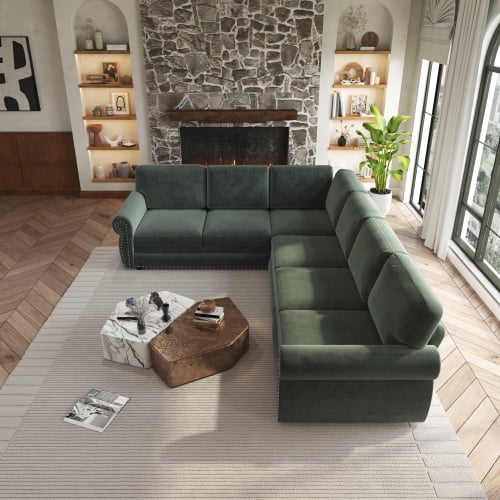 118" L-Shaped Sectional Sleeper Sofa with King Size Pull-Out Bed, Chenille Upholstered, Nailhead Trim & Rolled Arms, Green