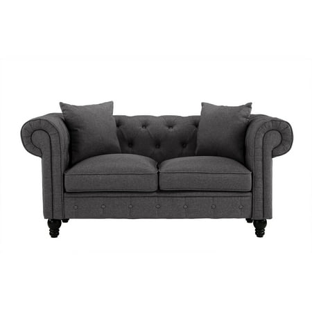 - Divano Roma Furniture Classic Linen Fabric Scroll Arm Tufted Button Chesterfield Style Loveseat Couch (Light Grey)