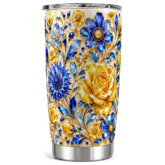 Blue Gold Rose Tumbler 20oz, Floral Tumbler, Stainless Steel Travel Cup