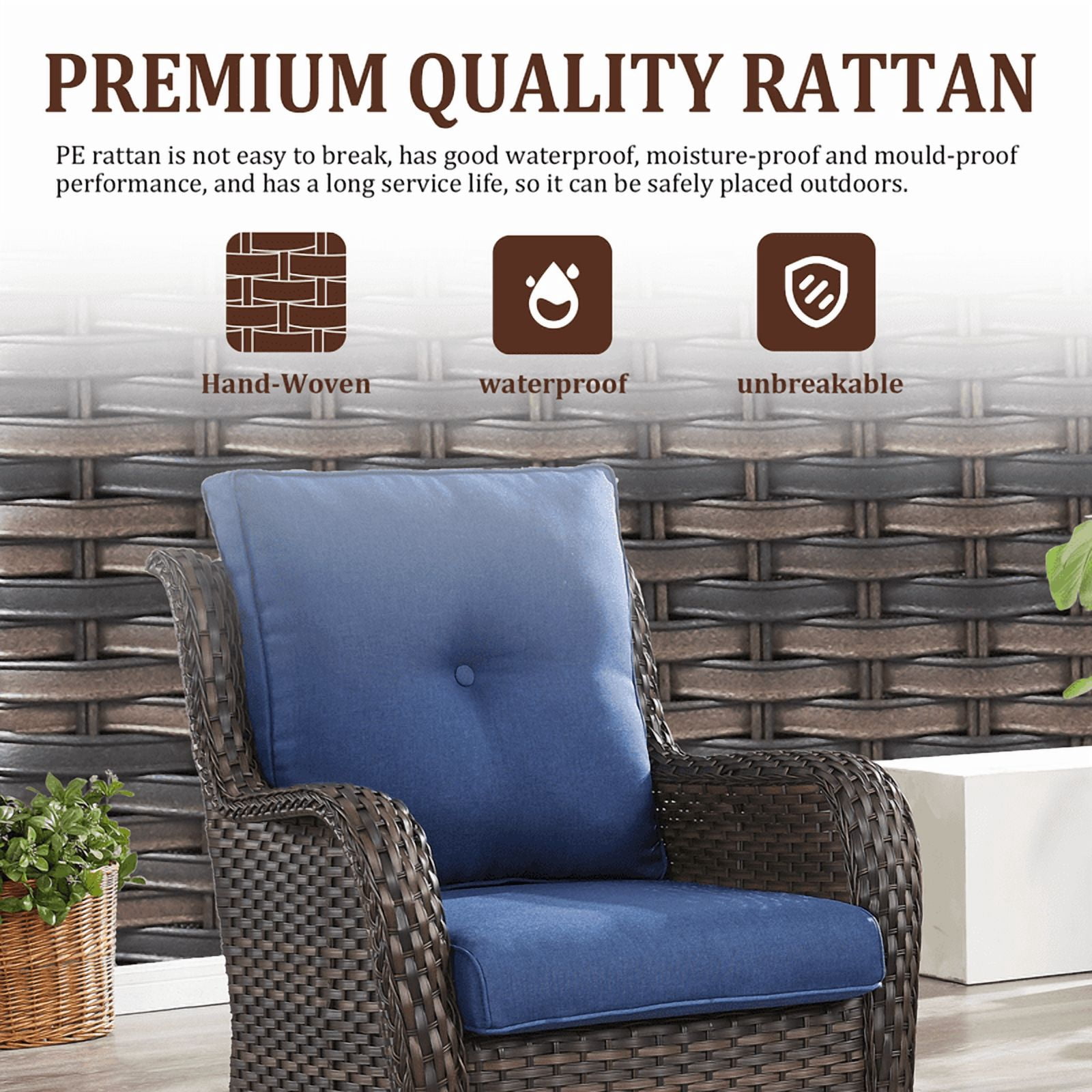 6 Piece Patio Furniture Set with 41" Fire Pit Table, Outdoor All Weather Wicker Rattan Furniture with Swivel Rocking Chairs, Ottomans and 3-Seat Sofa for Backyard Balcony Deck, Blue/Brown