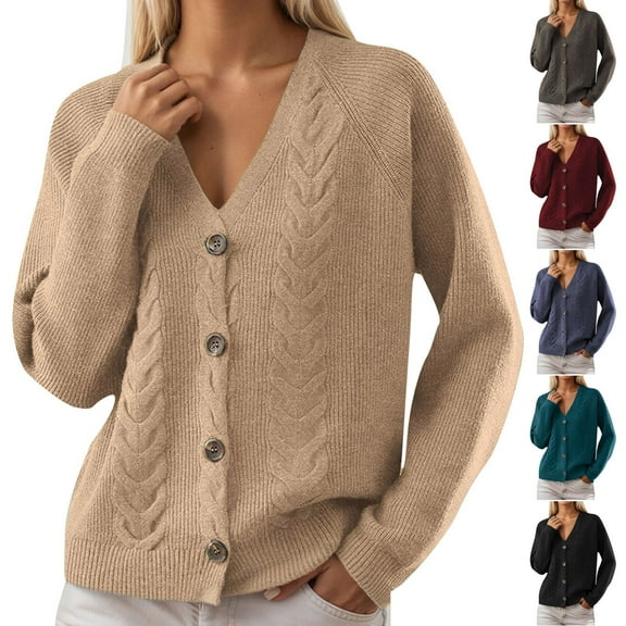 Karight Cardigan Sweaters for Women Fashion V Neck Long Sleeve Chunky Cable Knit Sweaters Button Loose Outwear