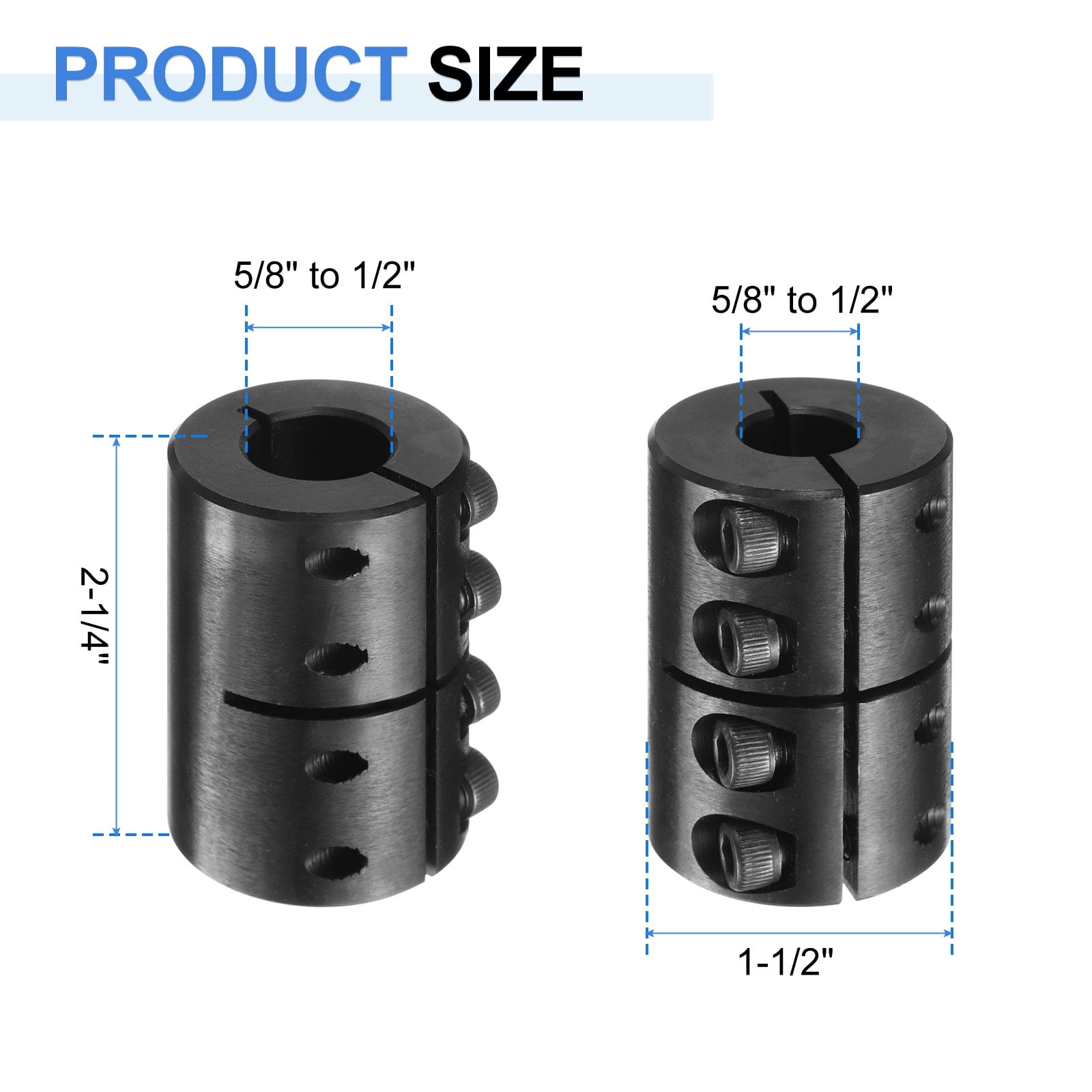 Uxcell Shaft Coupling, 5/8" to 1/2" Bore, 1-5/16" OD, 2" Length, Black Oxide Plated Rigid Single Split Clamping Coupling with #10-32 x 1/2" Set Screws for 3D Printers Motor Wheel