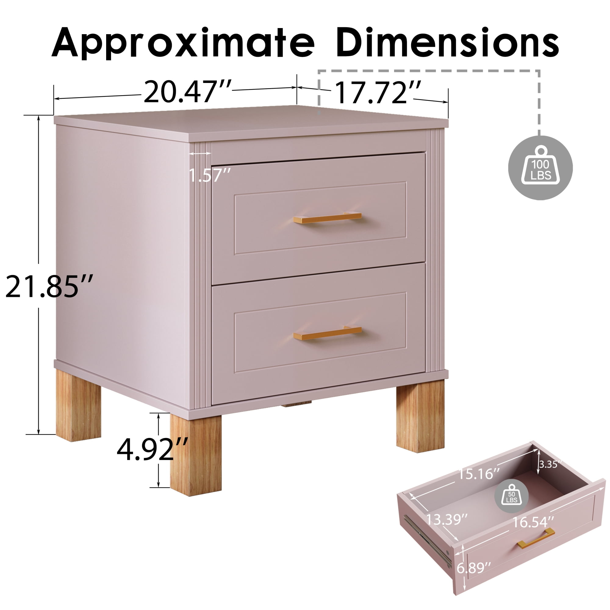 Leumius Nightstand for Bedroom,Wood Bedside Table with 2 Drawer & Solid Wood Legs,Small Storage Cabinet for Living Room,Pink