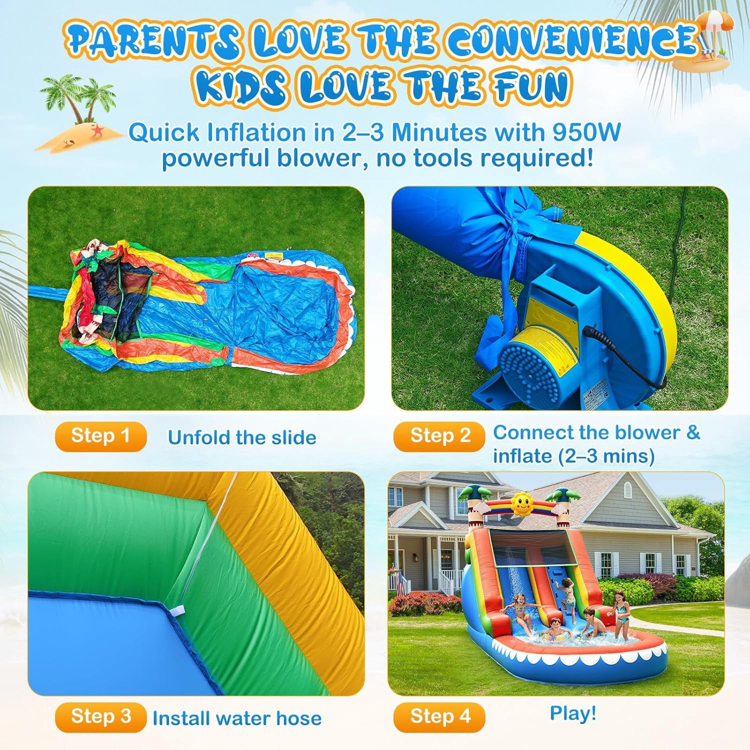 COCOFISH Outdoor Water Park: 21FT Tropical Inflatable Slide with Palm Tree Theme, Climbing Wall, Splash Pool & 950W Blower for Backyard Fun