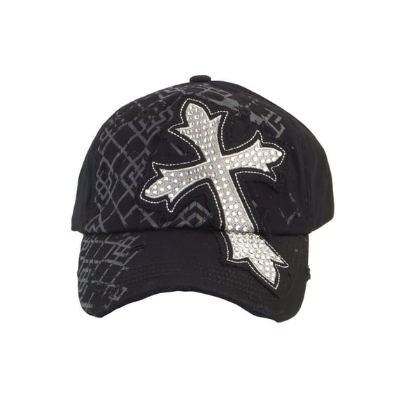 Top Headwear Distressed Studded Rhinestones Cross Adjustable Baseball Cap, Black