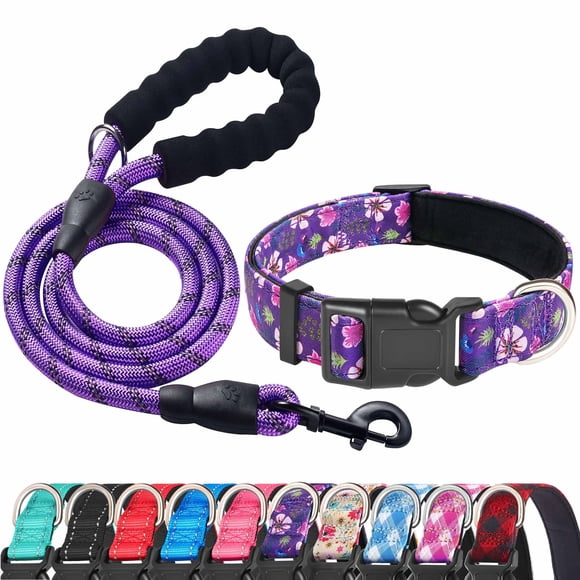 Set de collar y correa para perros Ladoogo, neopreno reflectante, morado/rosa