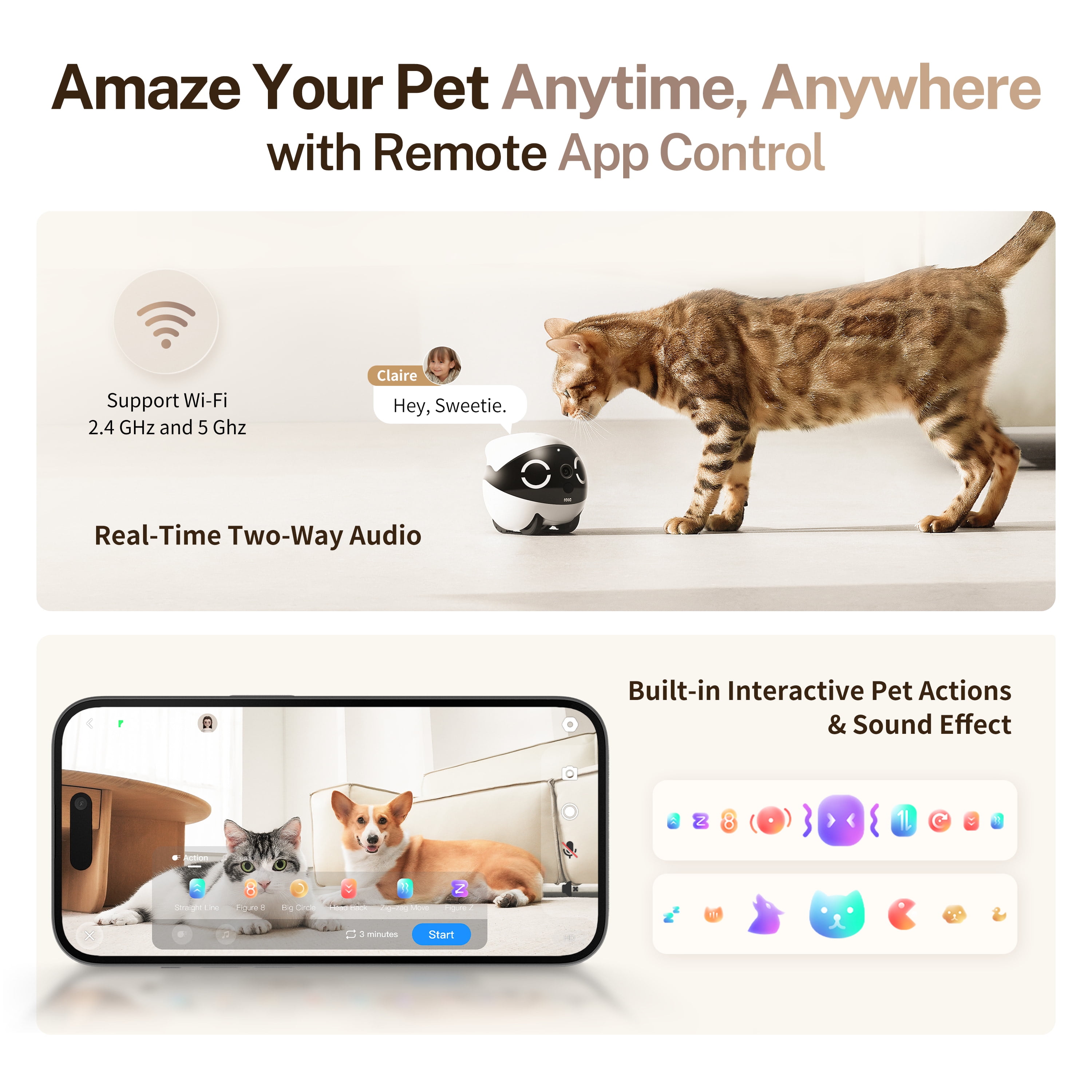 Enabot ROLA Mini 2K Pet Camera Robot: Movable Indoor Camera Battery-Powered with Phone App, One-Touch Call, 2-Way Talk, IR Night Vision, Motion Detection, Video Recording