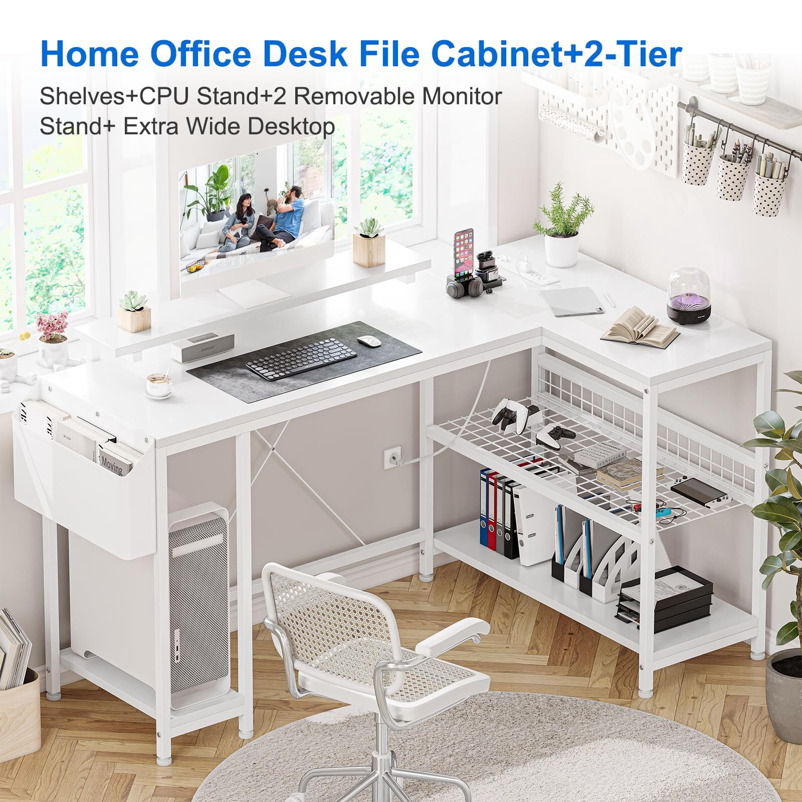 Jojoka 49.6" Reversible L Shaped Computer Gaming Desk with LED Light & Power Outlets, Corner PC Desk with Storage Shelves & Monitor Stand, Home Office Desk, Writing Desk, Workstation, White