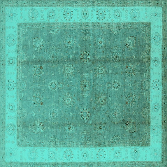 Ahgly Company Machine Washable Indoor Square Oriental Turquoise Blue Industrial Area Rugs, 4' Square
