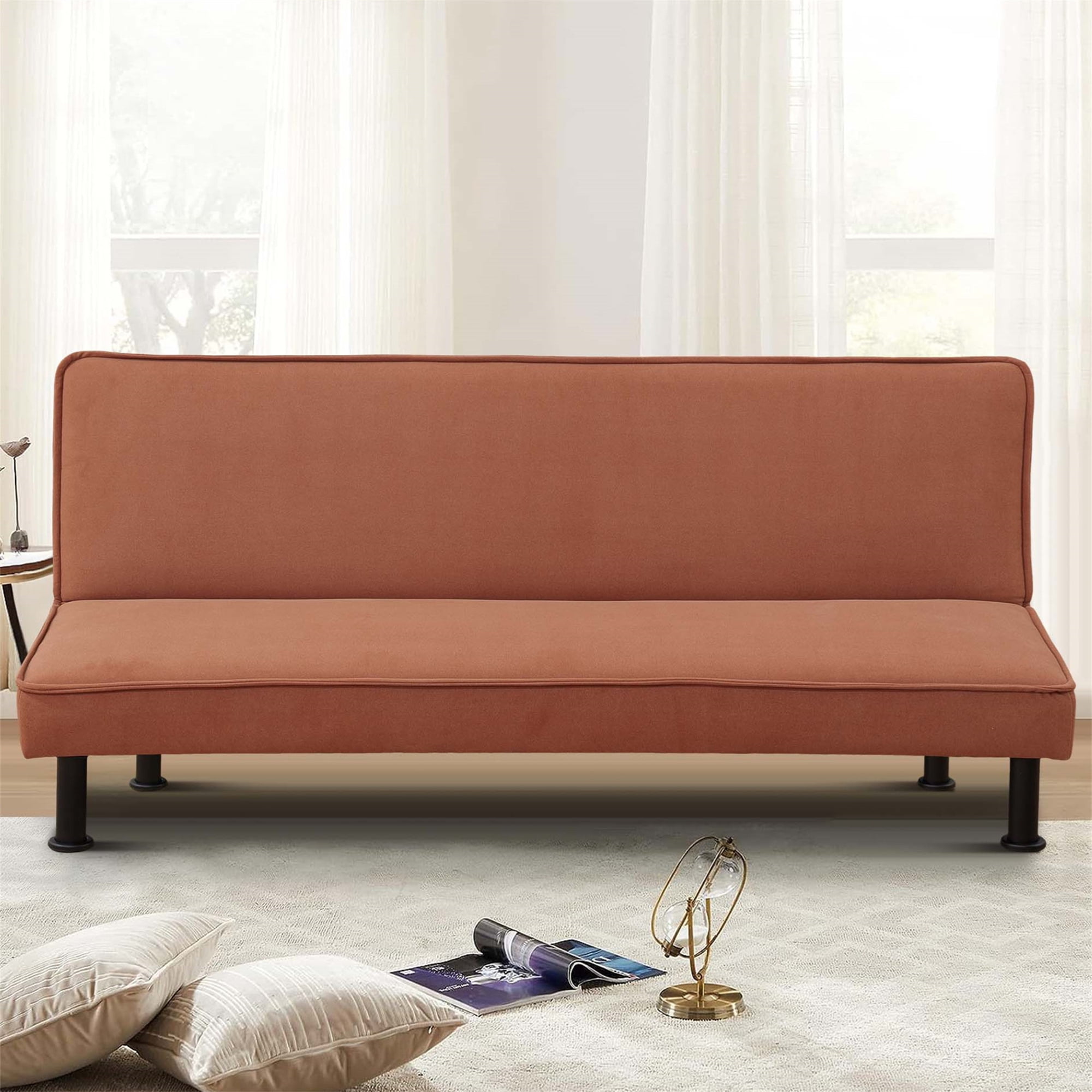Aukfa Modern Futon Convertible Sofa Bed for Home Office, Adjustable Backrest, Flannel, Brown