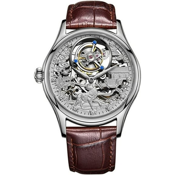 AESOP Skeleton Tourbillon Hand-Wind Mechanical Wristwatch Men Sapphire Luminous Dog Butterfly Magpie Dial Clock Leather Auspicious Good Luck Happiness Watch