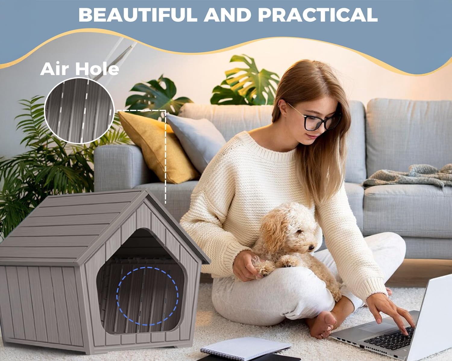 FICARTS Gable - Roof Coffee Resin Weatherproof Pet House - Indoor & Outdoor, Ventilated, Easy Clean/Assemble, Ideal for Small Dogs