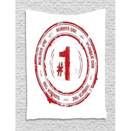 Number Tapestry, Number One Old Fashioned Grunge Stamp at Top Best Leader Emblem Design, Wall Hanging for Bedroom Living Room Dorm Decor, 40W X 60L Inches, Vermilion and White, by
