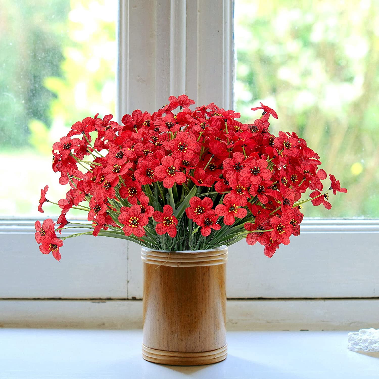 Sinhoon 18 Bundles Artificial Flowers Outdoor UV Resistant Fake Red Silk Flowers No Fade Faux Flowers for Garden Porch Patio Window Box Decoration
