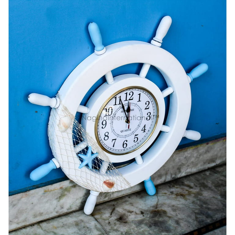 Nagina International 60 cm Nautical Whitewashed Clock Ship Wheel