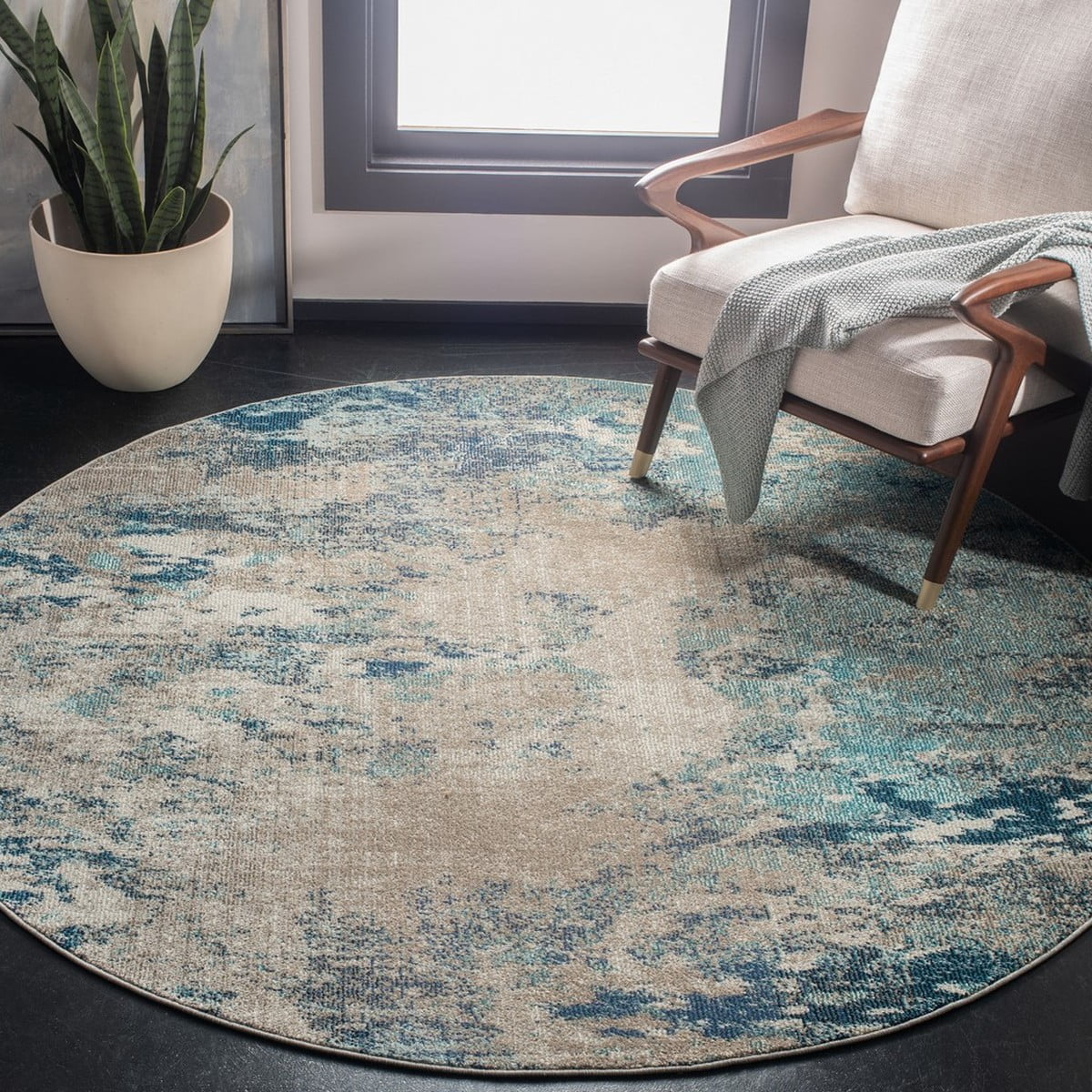 SAFAVIEH Madison Oscar Abstract Distressed Area Rug, Blue/Grey, 6'7" x 6'7" Round