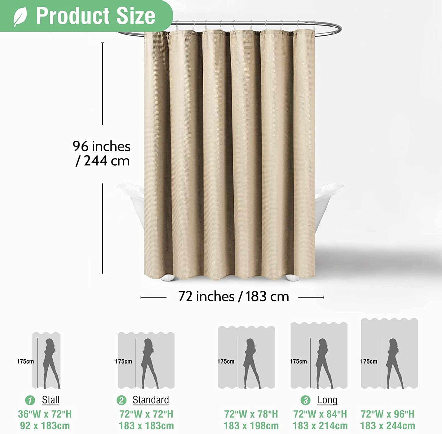 CAILDANL Green Shower Curtain - Waffle Textured Heavy Duty Thick Fabric Shower Curtains for Bathroom, 256GSM Luxury Weighted Polyester Cloth Bath Curtain Set with 12 Plastic Hooks，72Wx72H,Green