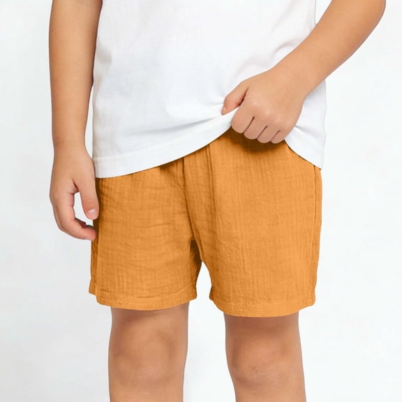 Frnrwgo Boys Shorts Faux Linen Solid Elastic Waist Kids Summer Outdoor Casual Shorts