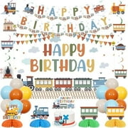 Steam Train Birthday Decorations Set - Backdrop Banner, Hanging Swirls, Cake Topper, Honeycomb Centerpieces, Balloons | Railroad Transportation Vehicle Party Supplies for Home Decor & Kitch