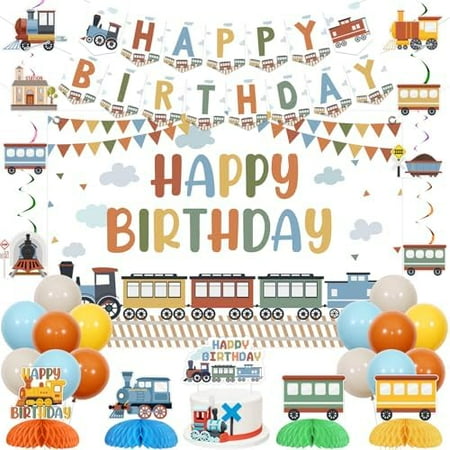 Steam Train Birthday Decorations Set - Backdrop Banner, Hanging Swirls, Cake Topper, Honeycomb Centerpieces, Balloons | Railroad Transportation Vehicle Party Supplies for Home Decor & Kitch