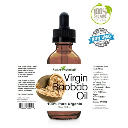 Organic Virgin Unrefined Baobab Oil | 2oz Glass Bottle | Imported from South | 100% Pure | Cold-Pressed | Natural Moisturizer for Skin, Hair and Nails | By Sweet
