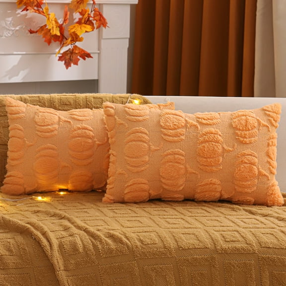 Tosleo Fall Throw Pillow Covers 12x20 Set of 2 Light Orange Pumpkin Decorative Pillow Cases FarmhouseThanksgiving Plush Faux Fur Cushion Covers for Couch SofaBed