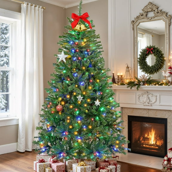 Betcozy Pre-lit Christmas Tree with Lights, 7.5ft Artificial Spruce Christmas Trees Hinges, Multicolor LED Lights& 347 Branch Tips& Metal Stand for Home, Office, Party Decoration, Green