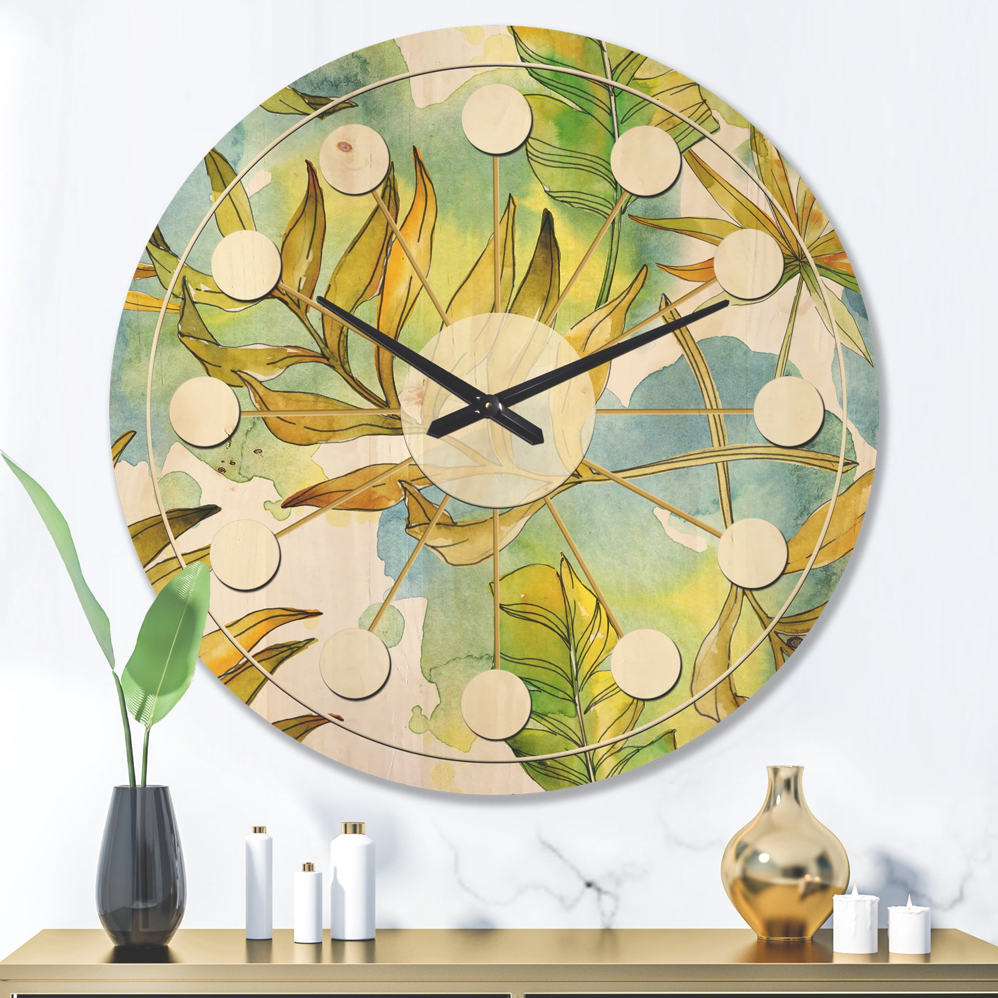 Designart 'Tropical Foliage Retro Pattern' Mid-Century Modern Wood Wall Clock