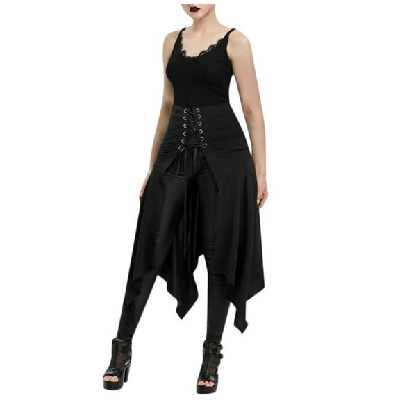 IROINNID Elastic Waist Mid Skirts For Women Halloween Gothic Punk Asymmetric Lace-up Slit Front Skirt A-Line Skirt Solid Color Skirt
